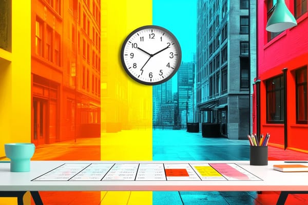 A clock with contrasting primary colors in front of a calendar with obvious time blocks