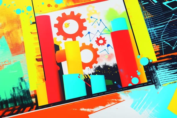 Image with neon colors, gears, and charts