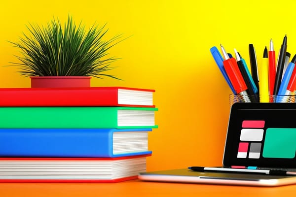 A stack of books next to an open laptop and a container of writing utensils