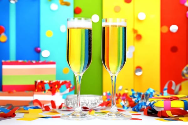 Two champagne flutes on a table surrounded by confetti