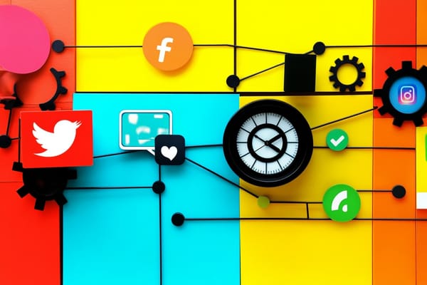 Vivid background of primary colors, gears, a clock, and social media icons