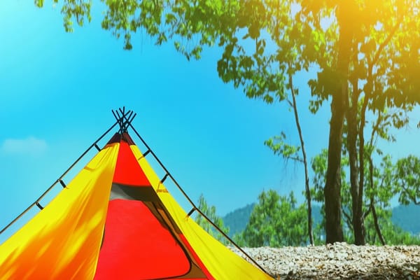 A yellow and red camping tent in a forest