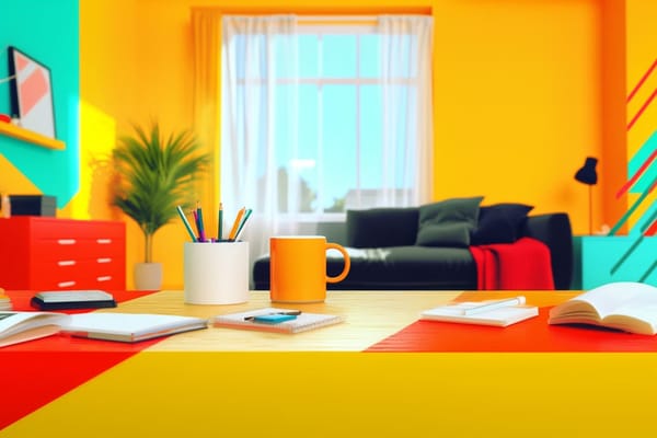 Scene of a desk with a couch and dresser in the background; primary colors, illustration