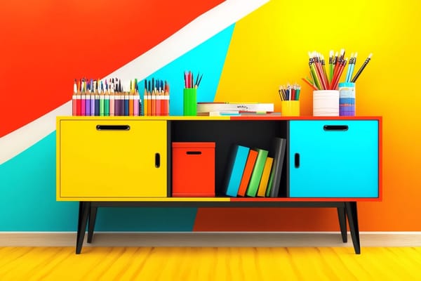 pop art illustration of a cabinet filled with books and art supplies