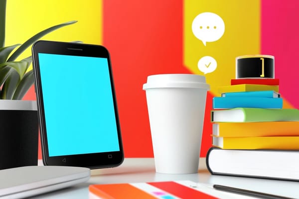 The top of a writer's desk with an iPad, coffee cup, and stack of books