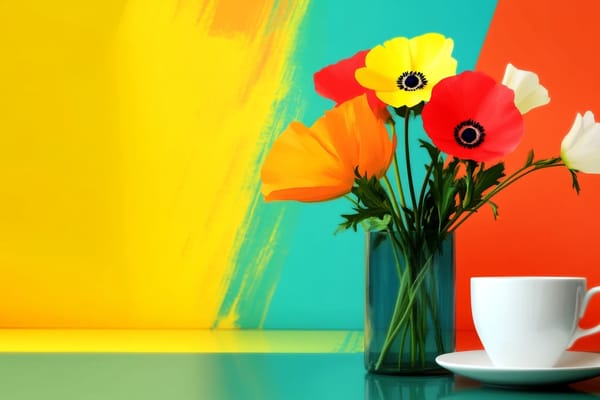 A vase of flowers on a table next to a white coffee cup