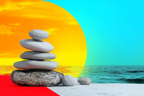 A bright illustration of stones in front of water with a sunset in the background