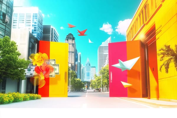 Neon illustration of city buildings and paper airplanes flying through the streets