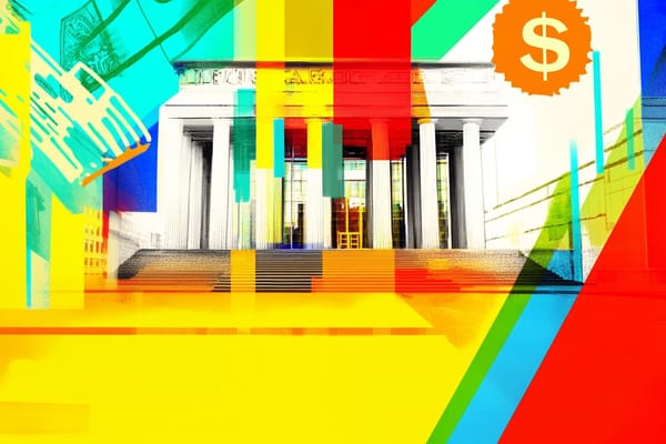 pop art illustration of the front of a bank building and a money symbol