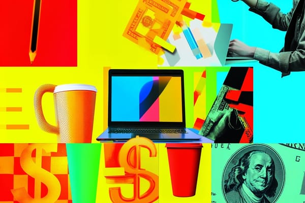 Digital illustrations of money signs, coffee cups, and a pencil surrounding a laptop