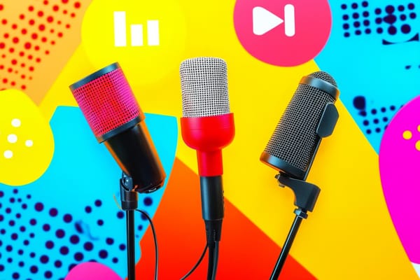 Three microphones against a neon backdrop of yellow, blue, red, and pink