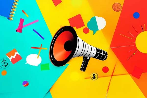 Digital illustration of a megaphone surrounded by a notebook, sun, and dollar signs