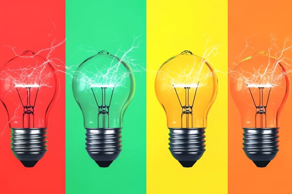 Four light bulbs against four backgrounds of red, green, yellow, and orange