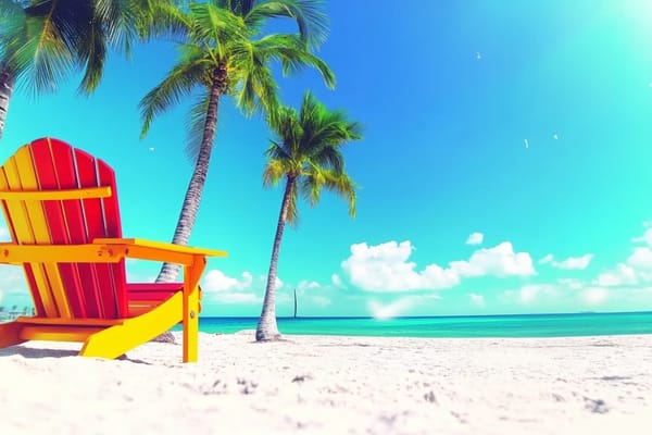 Digital illustration of an adirondack chair on a beach with palm trees.