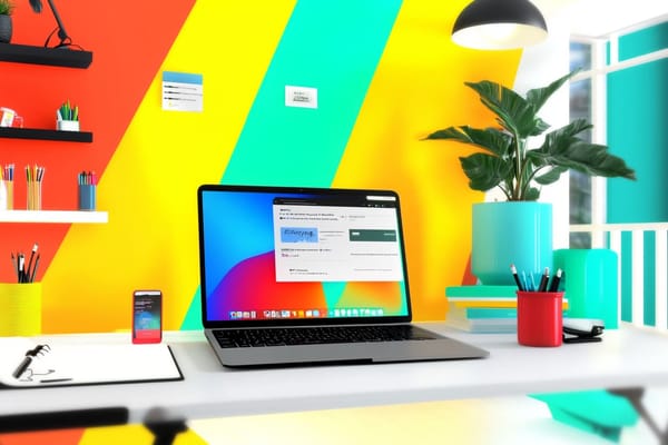 A freelancer's desk with a website, cell phone, notebook, pens, and plant