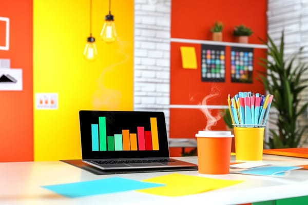 The top of a freelancer's desk with an open laptop, coffee, and a jar of pens