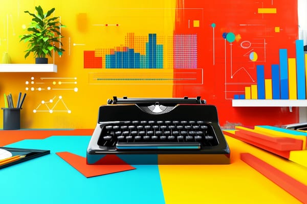 A typewriter surrounded by charts and graphs on a desk