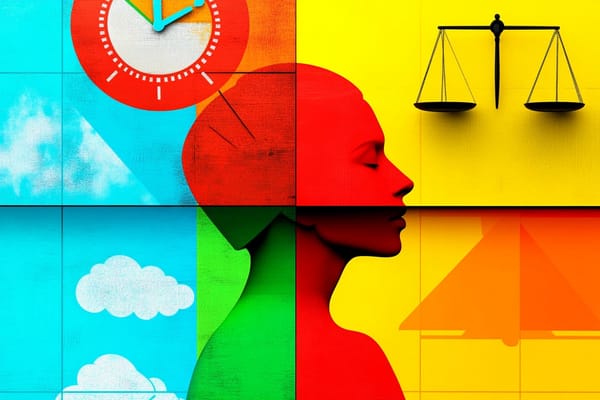 A business owner's head surrounded by a clock, a scale, and clouds