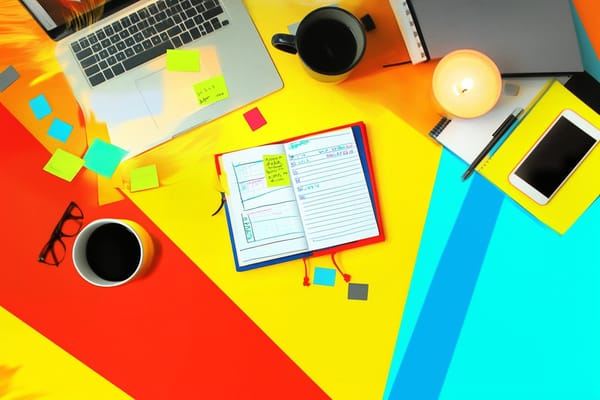 Top view of a laptop, notebook, coffee cups, and post-it notes on a desk