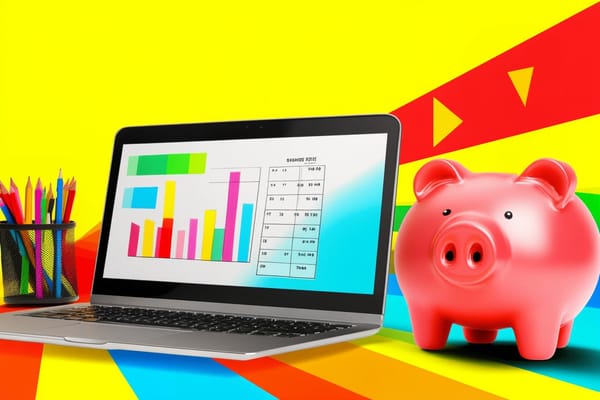 An open laptop showing charts and a spreadsheet, next to a piggy bank
