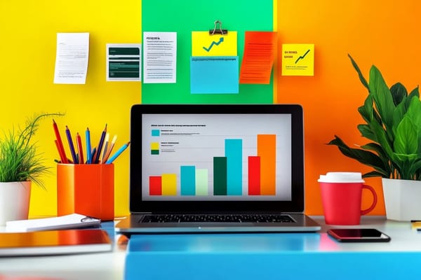 A laptop on a desk with charts showing growth. The desk has plants and there are post-it notes on the wall