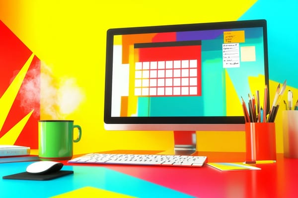 A desk showing a computer monitor, steaming cup of coffee, books, and jars of pens