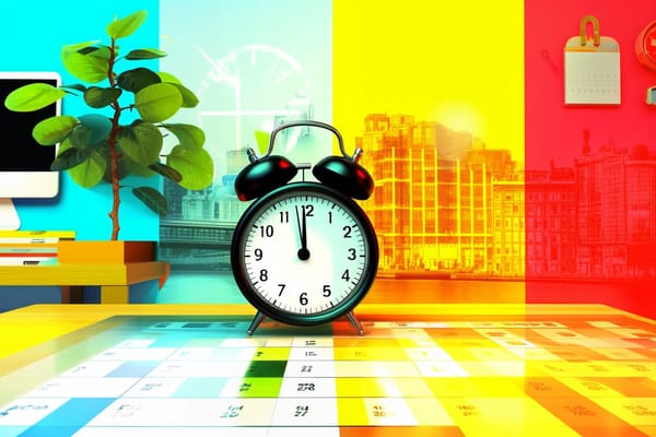 A clock on top of a desk calendar, with a computer, plant, and images of a cityscape in the background