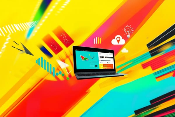 a vibrant solo entrepreneur workspace filled with bold, colorful visuals like marketing charts, email symbols, lead magnet checklists, social media icons, and content strategy diagram