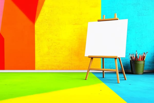 Pop art illustration of an easel and a bucket of paintbrushes