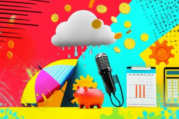 A piggy bank surrounded by an umbrella, a cloud, coins, a calendar, and a calculator