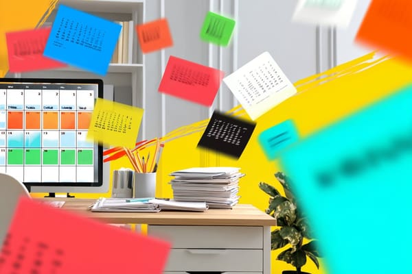 Illustration of a desk and computer surrounded by floating calendars and sticky notes