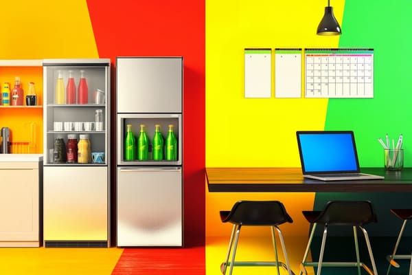 A corporate break room including fridges, a table with a laptop, and calendars
