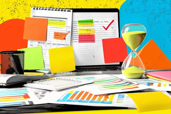 A desk covered with lists, notes, and an hourglass