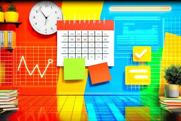 Illustration of a calendar, clock, post-it notes and floating charts over a tidy desk