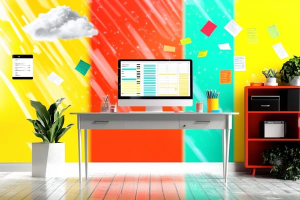 A solopreneur's desk surrounded by post-it notes and plants. There is a gray cloud hovering over the desk, symbolizing a brain tumor.