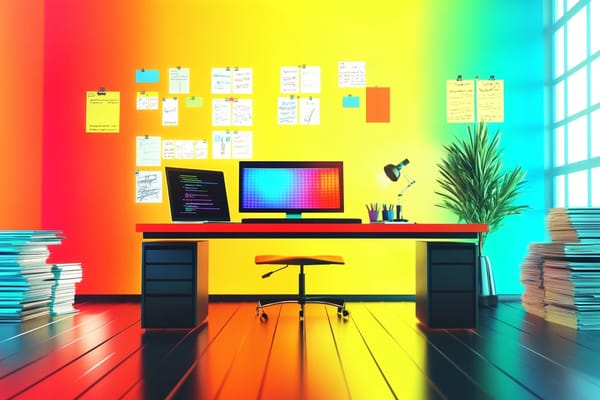 An office with a computer, stacks of papers, and notes on a wall, showing how a solopreneur can think like a CEO