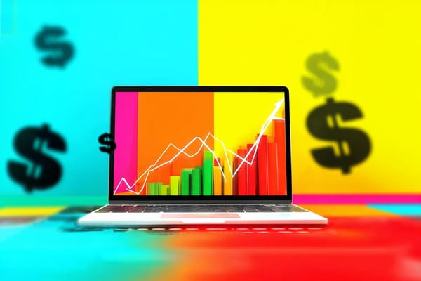 Digital illustration of a laptop open to a chart showing an increase, surrounded by dollar signs
