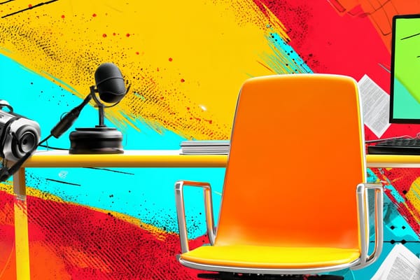 digital illustration of a desk with a podcast microphone, chair, and computer