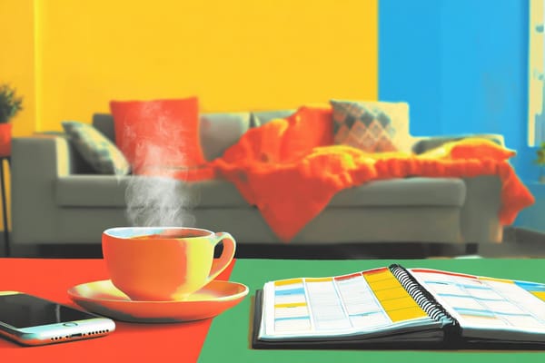 Digital illustration of a coffee table with an iPhone, a coffee cup, and a planner. There is a couch in the background