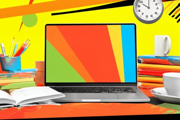 a laptop surrounded by open books, pens, and coffee cups