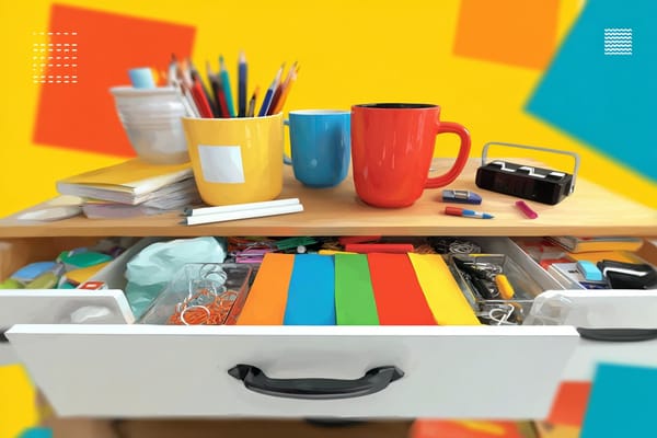 digital illustration of an open drawer with paper clips, rubber bands, and pens
