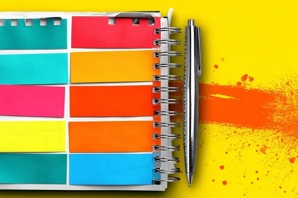 pop art illustration of a notebook with colorful sticky tabs and a pen