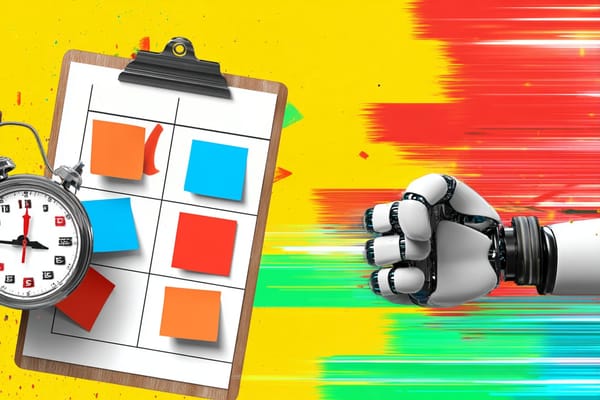 Digital illustration of a timer, clipboard, and robot arm