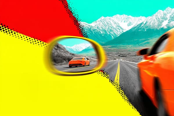 digital illustration of a car zooming by with another car in a rearview mirror
