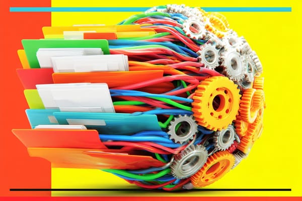 Digital image of a bundle of wires, folders, and gears