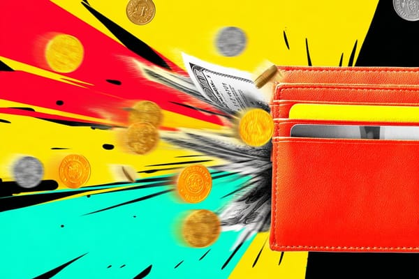 A bright red wallet bursts open with cash and coins flying out against a bold, colorful pop art background.