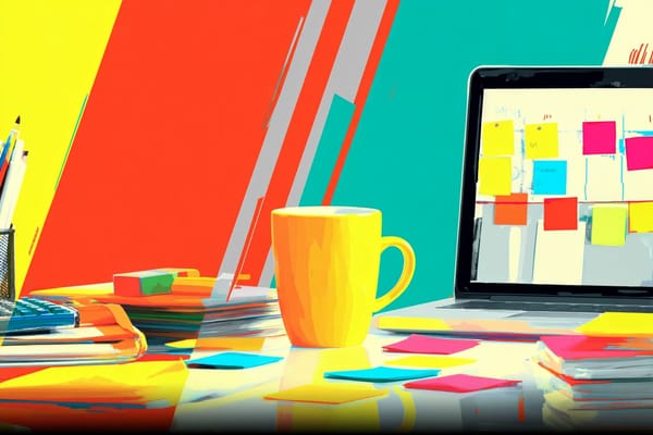 digital illustration of the top of a desk with a laptop, post-it notes, and a coffee mug