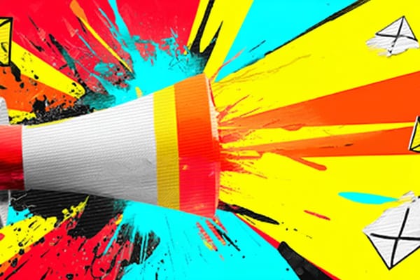 A colorful pop art-style megaphone blasts out paper envelopes against a vibrant, splattered background.