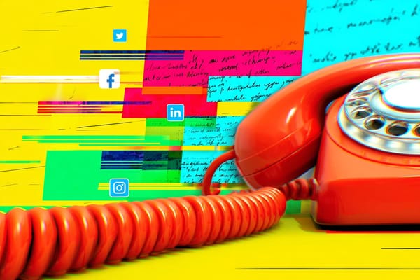 A neon-colored rotary phone with social media icons symbolizing personal sharing online