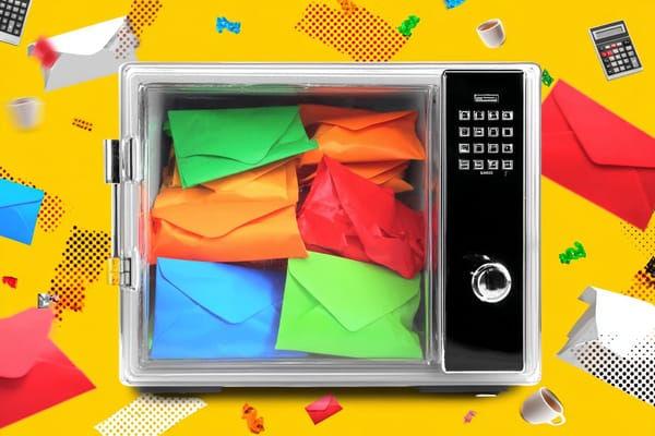 Pop art image of a desk safe with colorful envelopes for solopreneur budgeting.